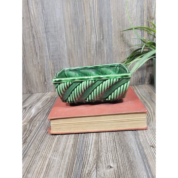 Vintage Green Pottery Succulent Planter, Ribbed Pottery - Picture 1 of 6